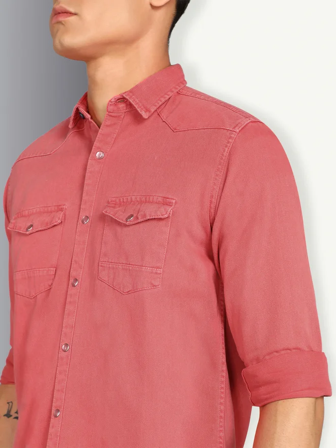 KUONS AVENUE KUONS AVENUE Men Pink Double Pockets Denim Shirt